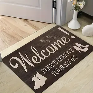 Durable Entryway Floor Mat, Dirt & Water Absorbent, Non-Skid Bottom, Stain Resistant. Polite "Remove Your Shoes" Reminder with Shoe & Footprint Graphics, Ideal for Front Door & Porch Use