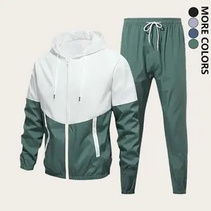 Men's Lightweight Casual Set - Stylish Colorblock Hooded Jacket & Pants, Comfortable Breathable Long-Sleeve Outfit with Zipper Closure & Drawstring Waistband, Ideal for Everyday & Gym outdoor suit