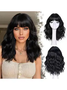 Black Wig with Bangs Short Black Bob Wavy Wigs for Women Synthetic Material Wigs Synthetic Natural Looking Black Curly Wavy Hair for Daily Party Use