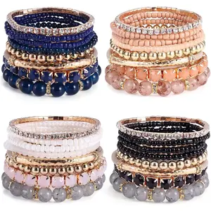 MILACOLATO 4 Sets Boho Bracelets for Women Multi-Color Layered Stackable Natural Beaded Bracelets Adjustable Stretch Bohemian Bracelets Elegant Bangle