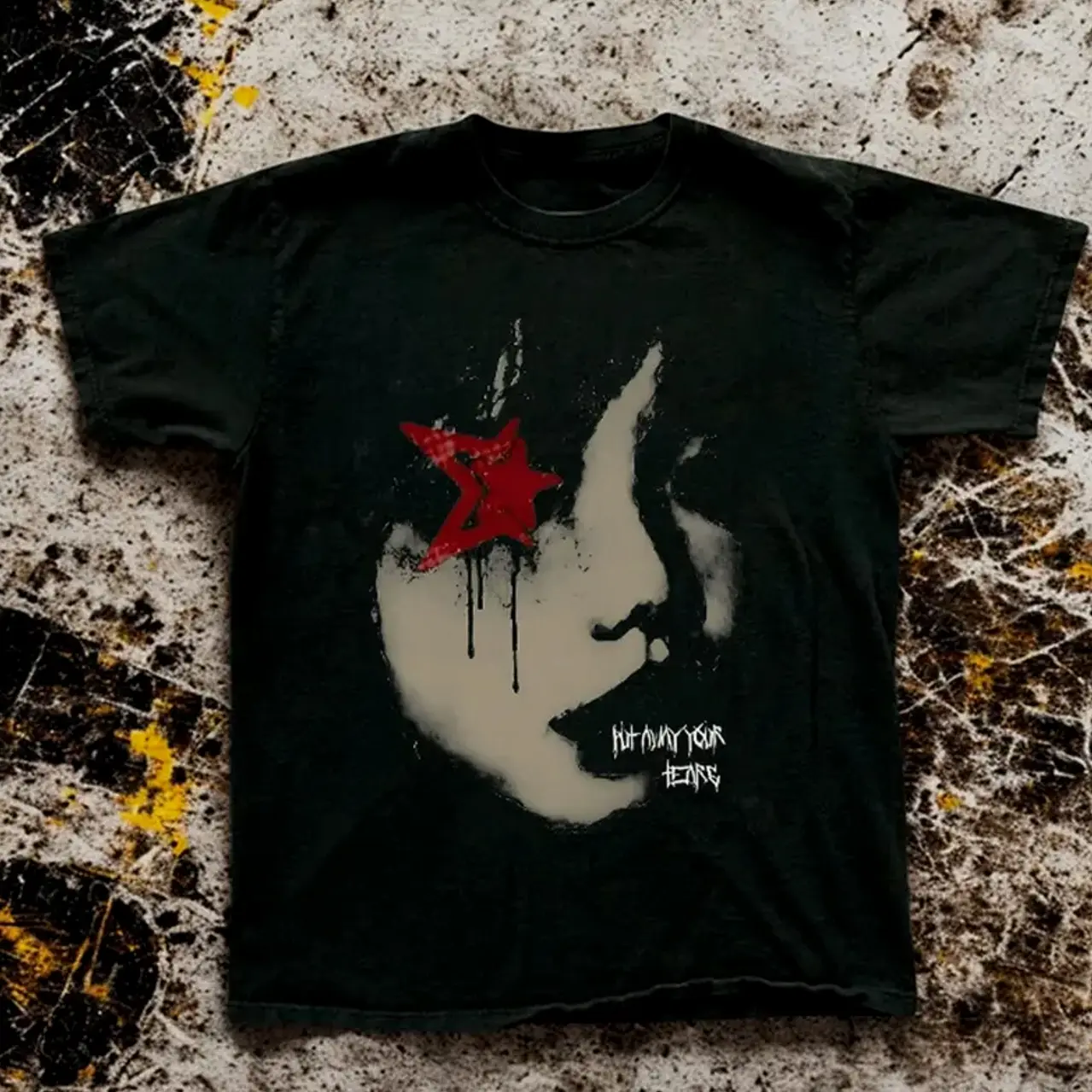 Put Away Your Tears Graphic T-Shirt, Y2K Grunge Red Star Face Tee, Vintage Streetwear Shirt