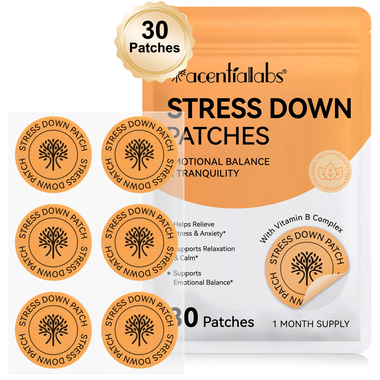 Acentiallabs Stress Down Patches - Cortisol Support & Calming (30 Patches / 1 Month Supply)