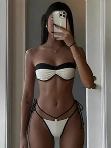 Summer New Women's Elegant And Sexy Strapless Black And White Contrasting Design Bikini Two-piece Set, Bohemian Casual Patchwork Color Lace Up Criss Cross Swimsuit, Thin Strap Tied Triangle Pants, Valentine's Day, Carnival And Pool Parties