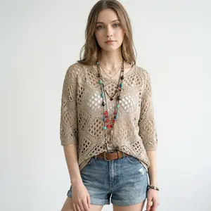 Women's Crochet V-Neck Hooded Sweater - Lightweight Hollow Out Mesh Knit Top Batwing Half Sleeve Slouchy Pullover - Y2K Boho Chic Summer Beach Cover Up Festival Outfit See-Through Knitwear - Plus Size Options