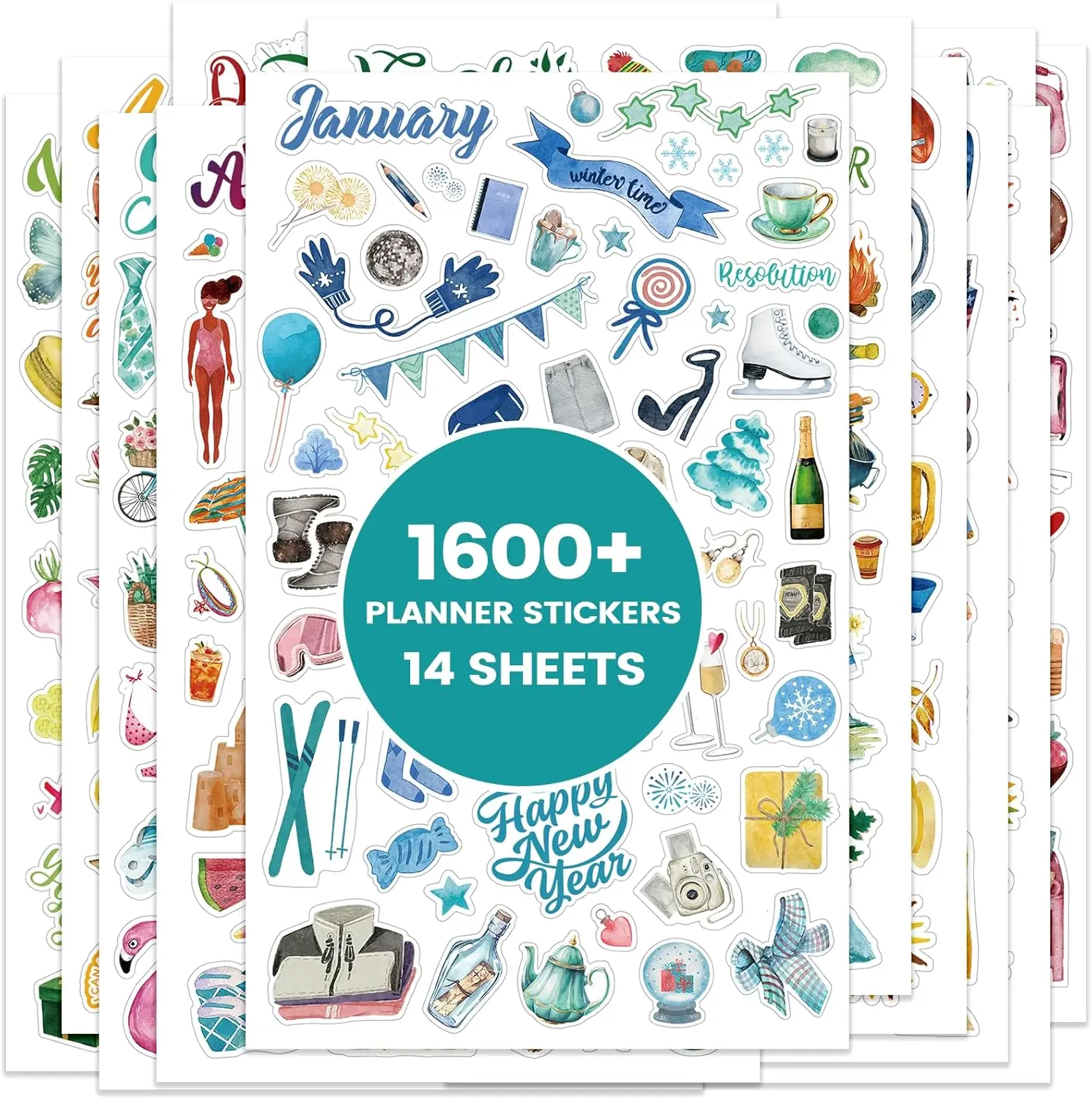 Planner Stickers - 12 Monthly Calendar Stickers for Celebrations, Office Accessories for Women, Planner Sticker for Festival Events, Holidays (14 Sheets, 1500+ Sticker Per Pack)