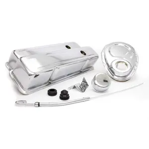 Racing Power  Tall Valve Covers-Breather-Dipstick-Grommets-Timing Cover-Timing Tab Engine Dress Up Kit Steel Chrome Small Block Chevy - Kit