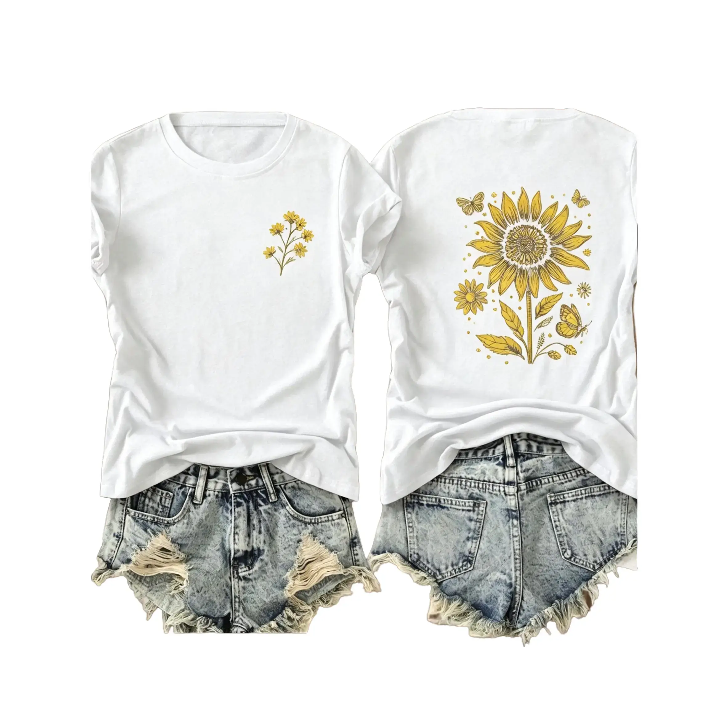 Sunflower Floral Print Double Sided Vintage Cotton T-Shirt, Women's Casual Daily Streetwear Tee ,Women's fashion,summer Women's clothes,T-shirt
