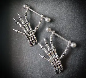 PAIR of Skeleton Bone Hand Nipple Shields Barbell Rings Body Piercing Jewelry