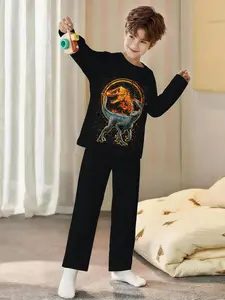 Lava Dinosaur! Black Background Colorful Jurassic 2-Piece Boys' Digital Printed Long-Sleeve Pajamas with Long Sleep Pants, Flame-Retardant Fabric. A stylish, trendy, casual, comfortable and soft pajama set, suitable for sleeping and home leisure. Made of