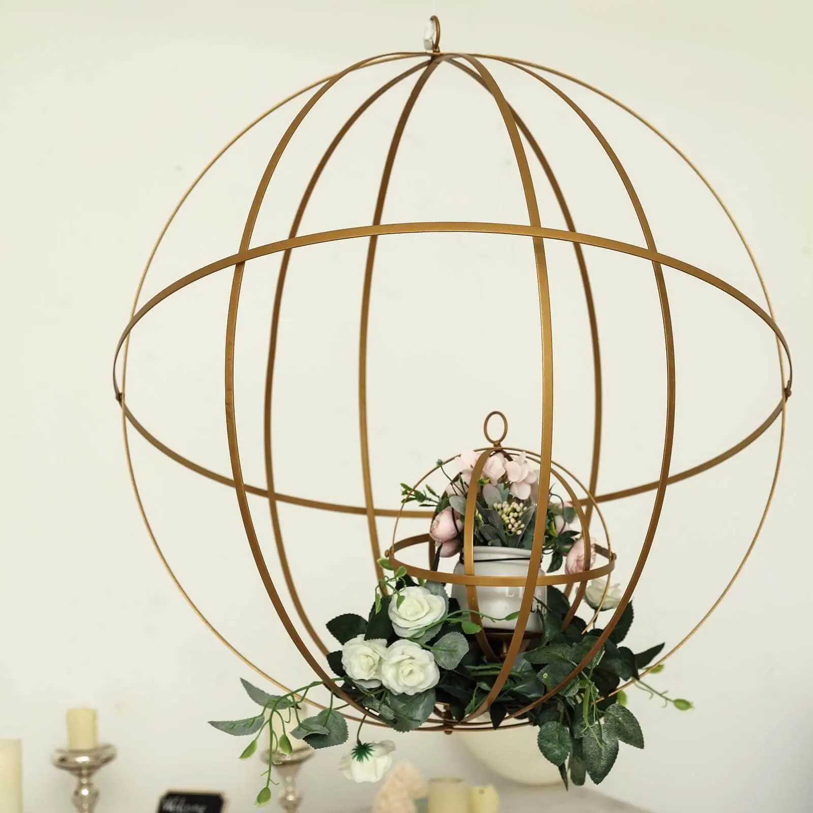 18" Portable Gold Wrought Iron Metal Hanging Sphere Candle Holder - Convenient Home Decor Centerpiece for Weddings, Birthdays, Outdoors
