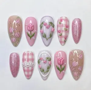 Handmade Pink Tulip Press On Nails, 3D Floral Nail Set, Pastel Gingham & Vintage Flower Accents, Nails For Soft Cottagecore Vibes