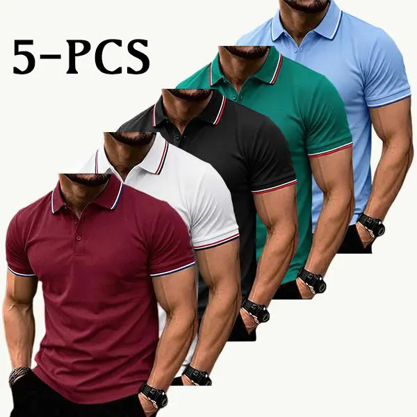 2026 New Summer Short Sleeve Men’s Quick Dry 5-Piece Golf/Tennis Polo Set — breathable, quick-drying, comfortable riding apparel with color-block collar and cuffs; size M, SpringStatements
