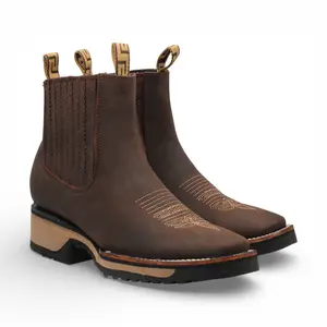 Mens Wide Square Toe Botin Chocolate – Genuine Leather Rubber Sole Western Boot H42D2694