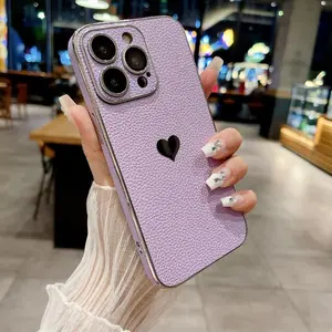 Luxury Solid Color Leather Plating Border Love Logo Phone Case For iPhone 16 Pro Max 14 11 12 13 15 Pro Max Bumper Back Cover