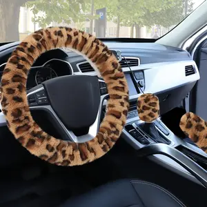 Fuzzy  Steering Wheel Cover, Universal Fit  Auto Wheel Cover & Handbrake Cover & Gear Shift Cover Set, Anti-Slip Leopard Warm Fluffy  Wheel Protector  Accessories for Men Women