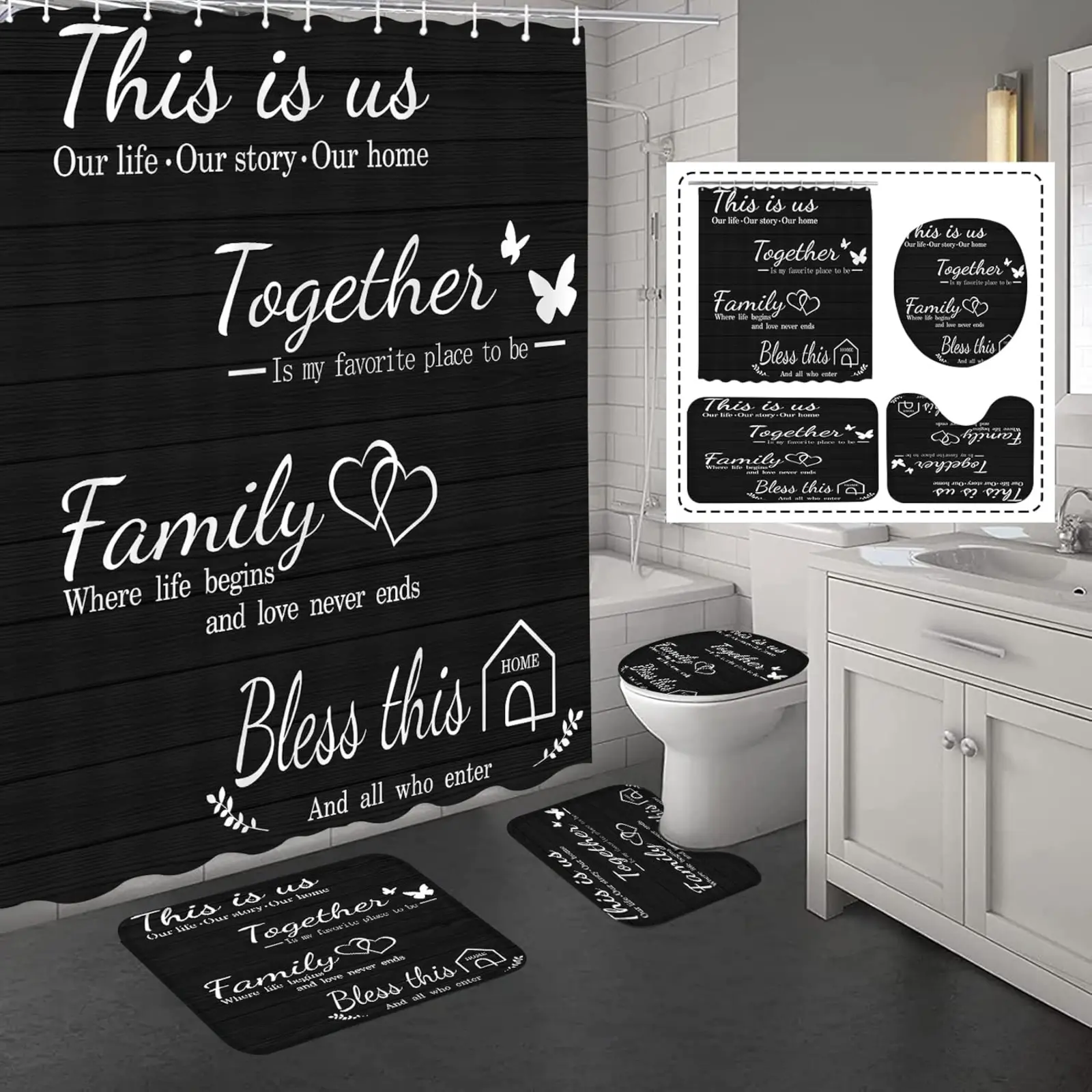 Modern Black 4-Piece Polyester Print Bathroom Accessory Pack - 72x72in Waterproof Washable Shower Curtain, Non-Slip Rugs, Toilet Lid Cover, Bath Mat, 12 Hooks, Hanging Rod-Compatible Home Decor for Families with Easy Installation