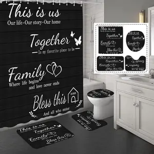 4Pcs Family Shower Curtain Set with Non-Slip Rugs Toilet Lid Cover Bath Mat Black 72x72 Inch Waterproof with 12 Hooks Home Bathroom Decor Accessories