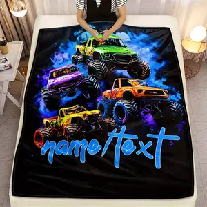 Personalized Neon Monster Trucks Print Throw Blanket, Custom Name Kids Themed Cozy Blanket, Soft Fluffy Lightweight Blanket for All Seasons, Anti-Pilling Washable Decorative Blanket