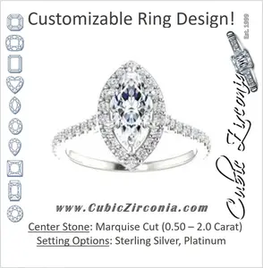 Cubic Zirconia Engagement Ring- The Bailey (Customizable Cathedral-set Marquise Cut Design with Halo, Thin Pavé Band and Floating Peekaboo)