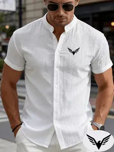 Men's casual stand up collar shirt, Casual tropical style, eagle wing logo print, lightweight and breathable wrinkled fabric, suitable for light business, commuting office, summer vacations, gifting boyfriends/Father's Day
