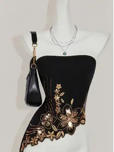 Women's High-End Asymmetric Embroidered Halter Top, Sequin Design, Embroidery, Simple Fashion Wrap Vest, Perfect for Daily Wear and Vacation