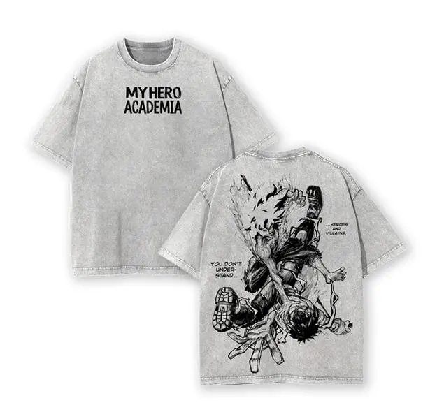 Menswear Short-Sleeve T-Shirt, Vintage Washed My Hero Academia Bakugou vs Dabi Double-Sided Figure Graphic Tee, Oversized Retro Distressed Anime Top, Harajuku Streetwear Y2K Aesthetic, 100% Cotton Casual Sports Outfit for Men