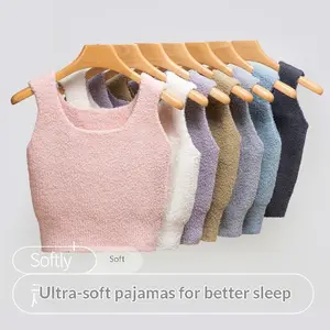 Women's Fuzzy Short Top, Wide Strap Sleeveless Fuzzy Knit Sweater Vest