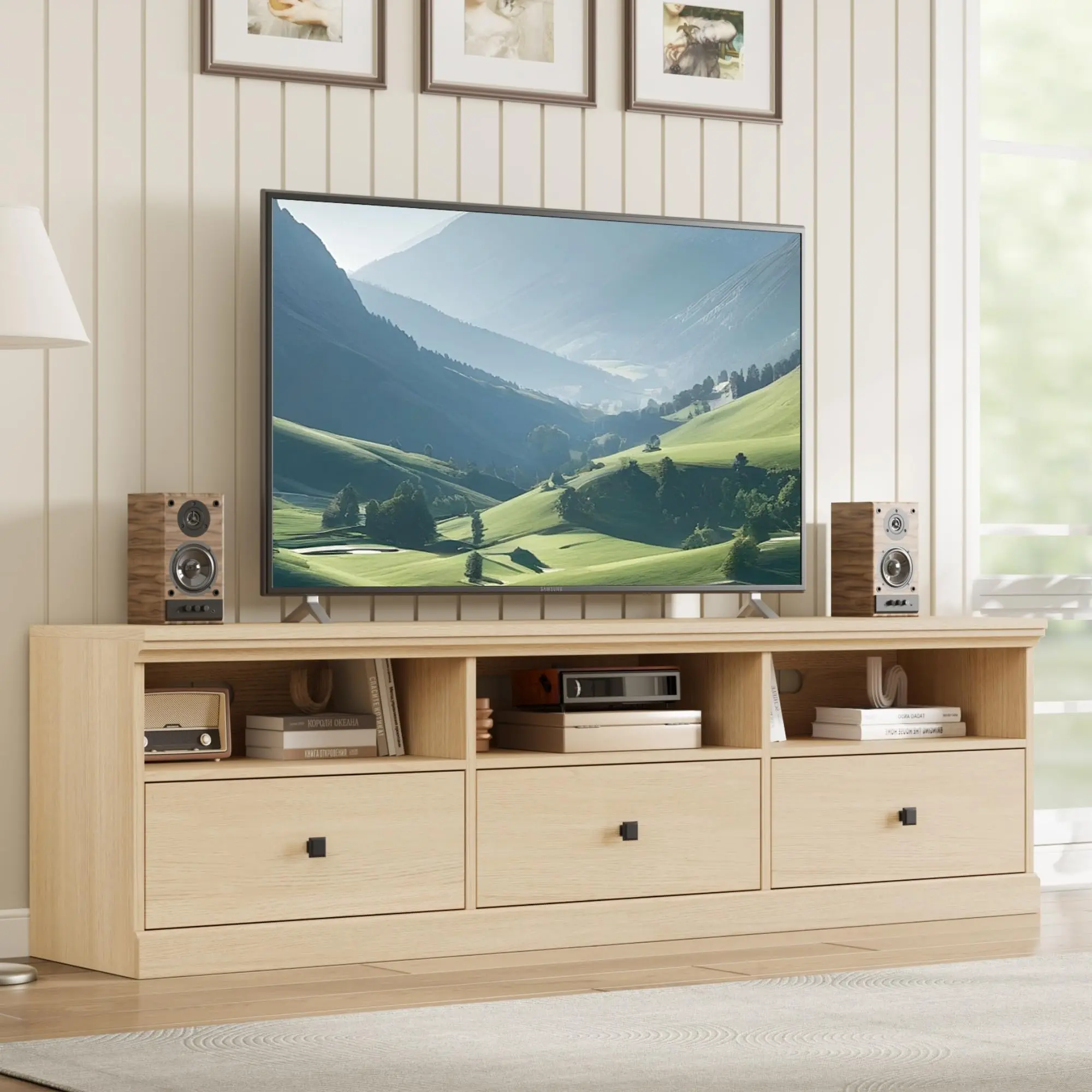 TV Stand for 75 in TV, Mid-Century Modern Entertainment Center with Storage Drawer, 70 in TV Console with Open Shelves, Wood Media Console TV Cabinet for Living Room,Nural Oak vertical steel roof dish set wheel outdoor Modular Resilient Outdoor Sofa