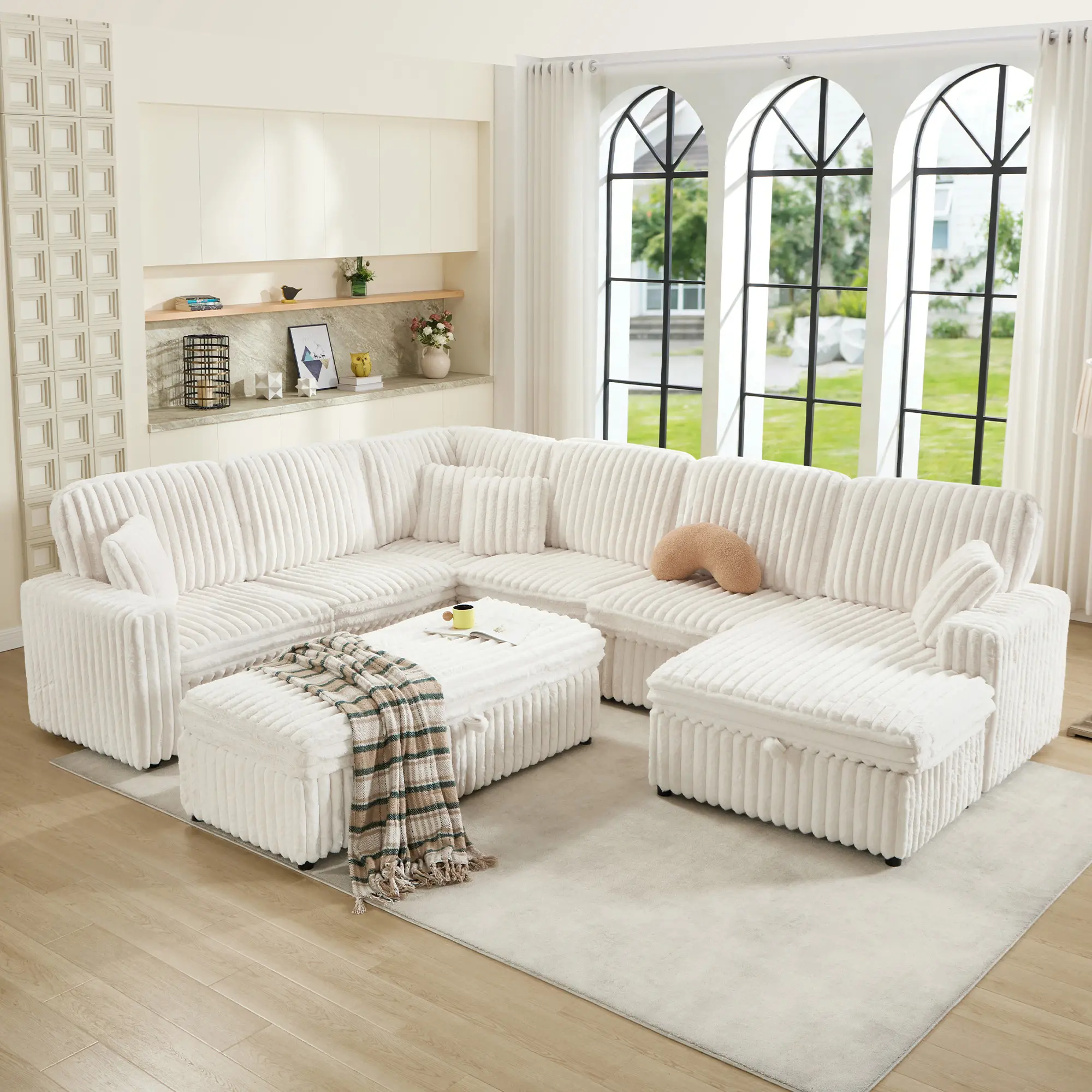 [Summerwins][Ships in 3 Boxes] AMERLIFE 129 Inch Sectional Couches for Living Room, Sectional Couch with Storage & Ottoman, Modular Sectional Sofa Converts to Sleeper, Cloud Couch Sectional for Large Space