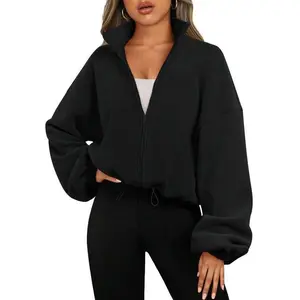 Women's Spring Fleece Cropped Jacket with Zipper and Drawstring