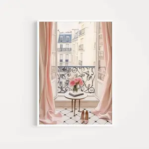 Paris Balcony Wall Art – Pastel Pink Feminine French Decor Poster, Room Decor, Unframed, 5 Sizes (8x12 to 27x40 inch)