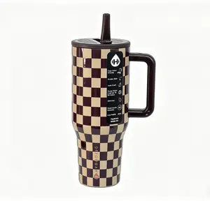 HydroJug 40oz Classic Brown Checkerboard Print Insulated Stainless Steel Tumbler Flask - BPA-Free, Portable, Ergonomic Handle, Straw Included, Cup Holder Friendly Travel Coffee Mug for Sports & Outdoor Use, Flasks outdoorfun
