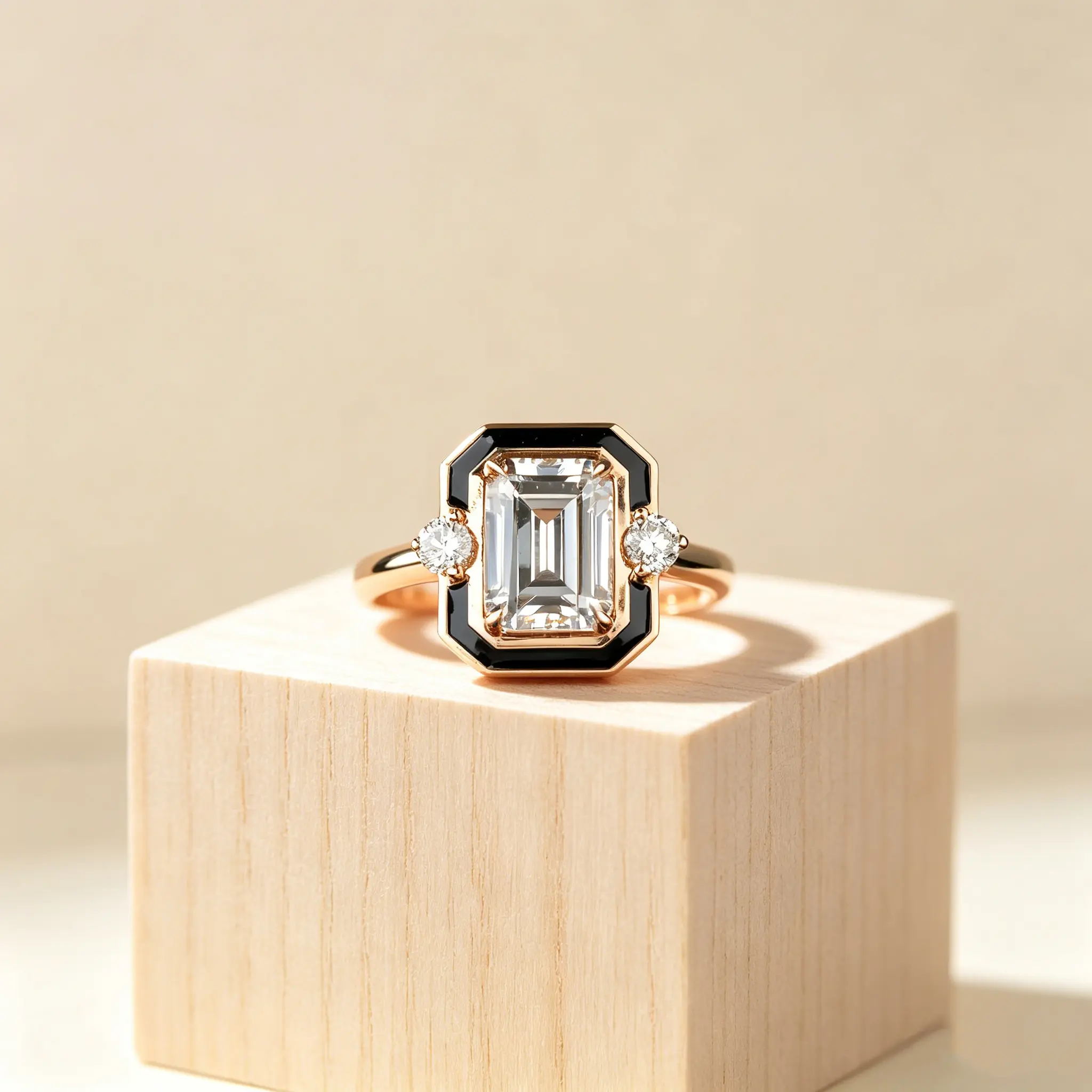 Black Enamel Border Emerald Cut White CZ Ring, Retro Art Deco Contrast Color Stackable Ring