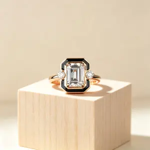 Black Enamel Border Emerald Cut White CZ Ring, Retro Art Deco Contrast Color Stackable Ring