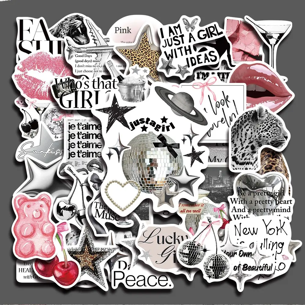 50PCS Silver Lucky Girl Aesthetic Stickers Pack, Cute Girl Quote Art Vinyl Stickers for Laptop Water Bottle Phone Case Skateboard Journal Scrapbook DIY Decoration