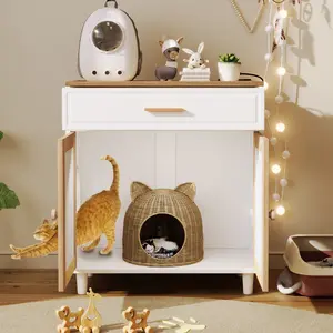 3 IN 1 Cat furniture, Litter box Enclosure with Cat Scratcher, Cat house Modern Side Table with Storage
