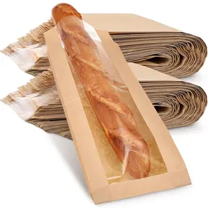 100 Pieces Paper Bread Bag with Window for Homemade Bread Bags Brown Kraft Loaf Storage Sacks Long French Biscuits Packaging