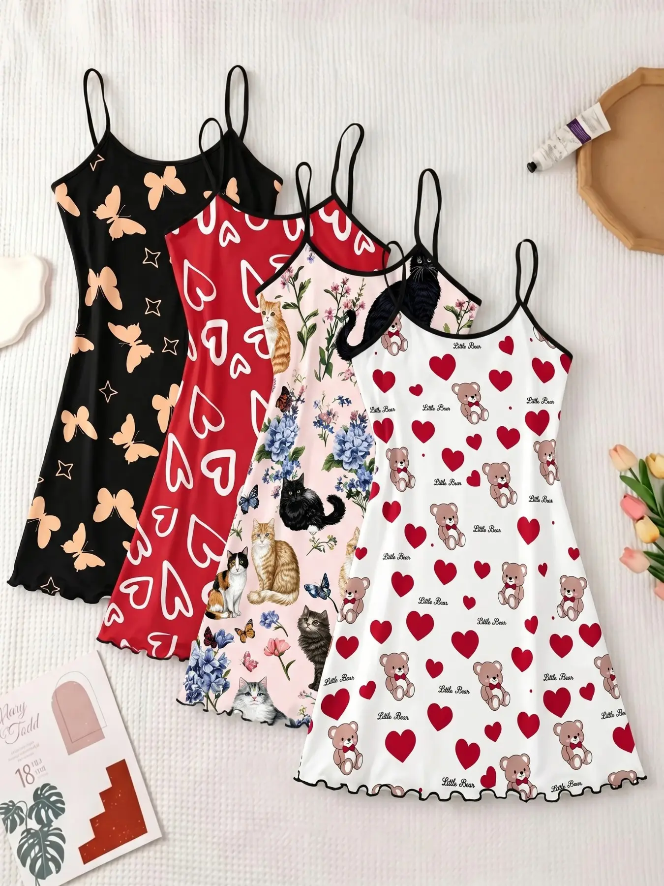 4-Pack Women's Strapless Nightdresses, Bow Cherry All-Over Print Pajamas, Sweet Home Wear, Loungewear, Sleep Wear, Nightwear for Spring Summer