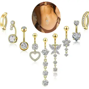 Set of 9 stainless steel navel rings, with drop-shaped navel rings inlaid with copper zirconia, round and heart-shaped navel studs.