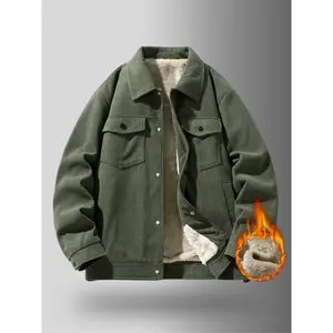 Men's Winter Corduroy Fleece Lined Jacket, Collared Workwear Style, Warm Thick Coat, Casual Outerwear for Cold Weather