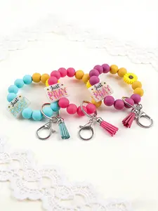 Silicone Bead Wristband Keychain, Dopamine-Inspired Color-Blocked Matte Design, Sunflower Letter Tassel Bag Charm, Ideal Gift Accessory