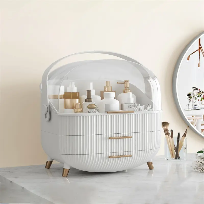 White Plastic Oval Makeup Organizer - Dustproof Flip Cover, Retro Ribbed, Travel-Friendly Handle, 3-Layer Storage, Anti-Slip Pads, Strong Hold Construction, Elegant Organizer for Cosmetics Brushes, Lip Products, Bathroom Countertop Vanity Desk Gift
