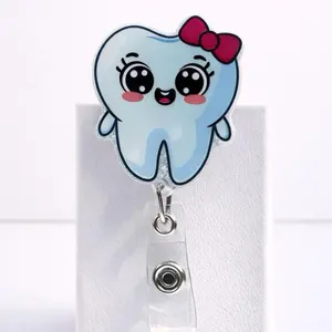 The Accessory Mix Cute Tooth Badge Reel Dental Assistant Badge Holder Kawaii Glitter Acrylic Retractable ID Clip Lightweight Durable Perfect Gift nurse week Unbreakable