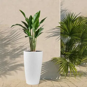 Set of 2 Faux Rattan Tall Planters Outdoor Indoor Large Planters with Water Level Monitor Inner Bucket, Automatic Watering, Flower Plant Pots for Garden, Patio, Porch, Backyard  22 Inch