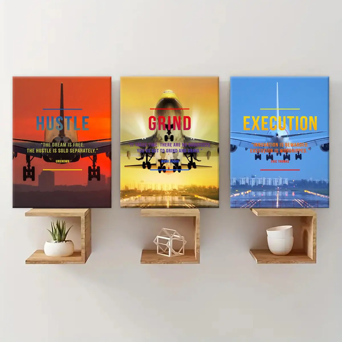 Wooden Framed Canvas Painting, 3 Counts/set Colorful Inspirational Airplane Poster, Modern Wall Decor for Home Living Room Bedroom Office