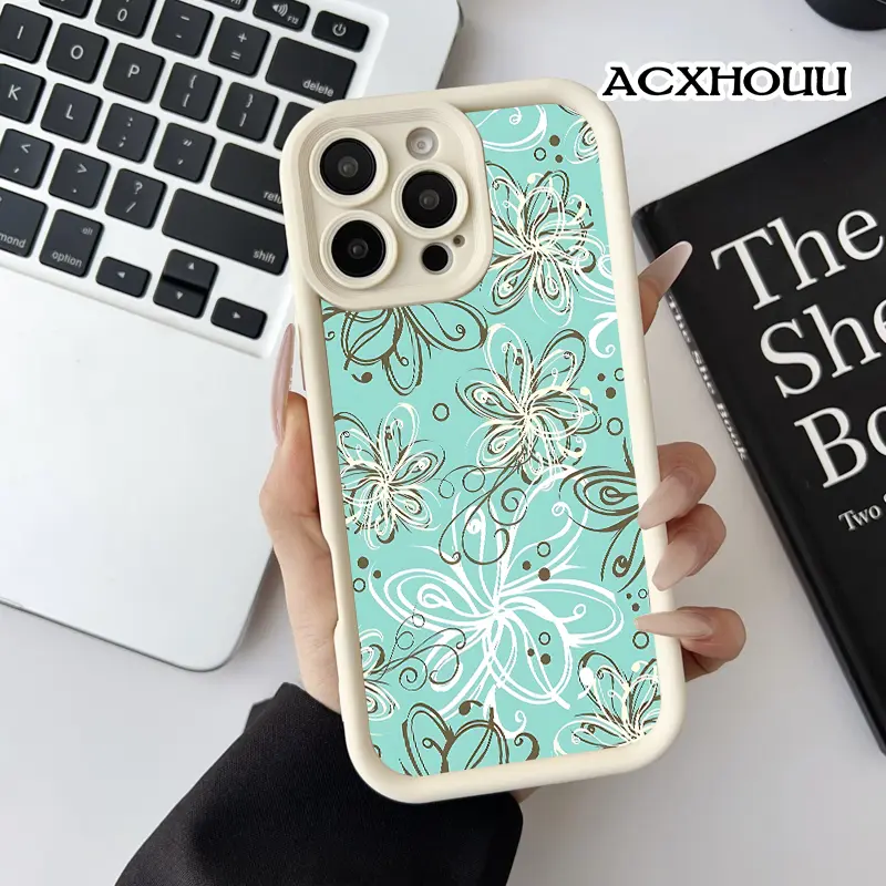 Case for iPhone 17 16 E Pro Max 15 Plus 14 13 12 11 XS XR Turquoise Swirl Flowers Anti-Scratch Shockproof Soft Silicone Protective Cover