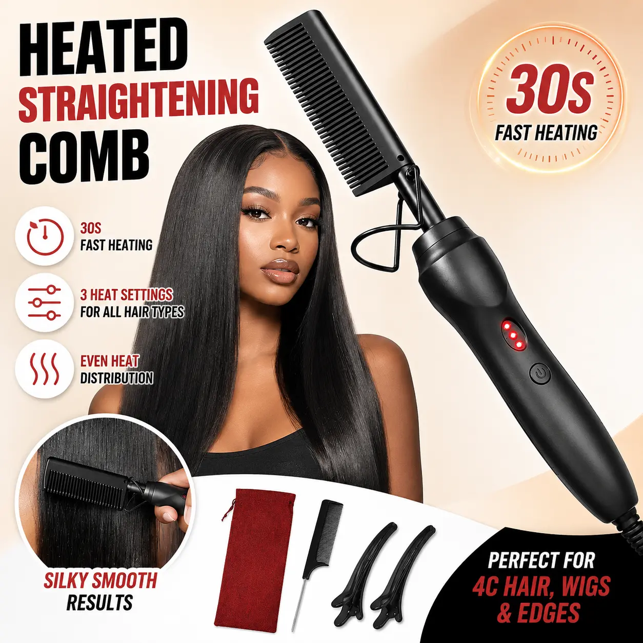 Hot Comb Hair Straightener for Black Hair, Electric Heated Pressing Comb for Natural Hair, Lace Wig Styling Tool, Silk Press Tool Kit