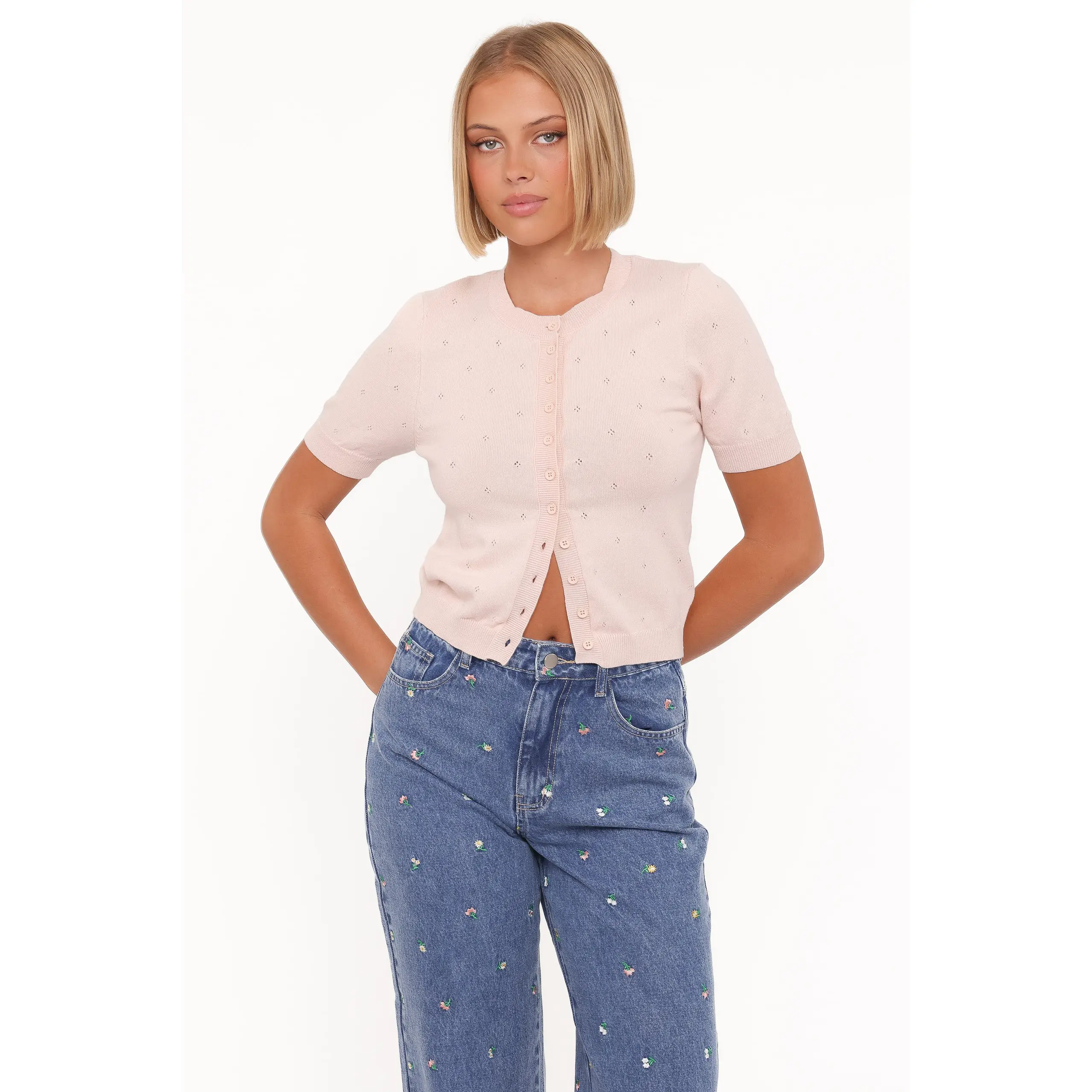 Monae Pointelle Button Up Top - Pink