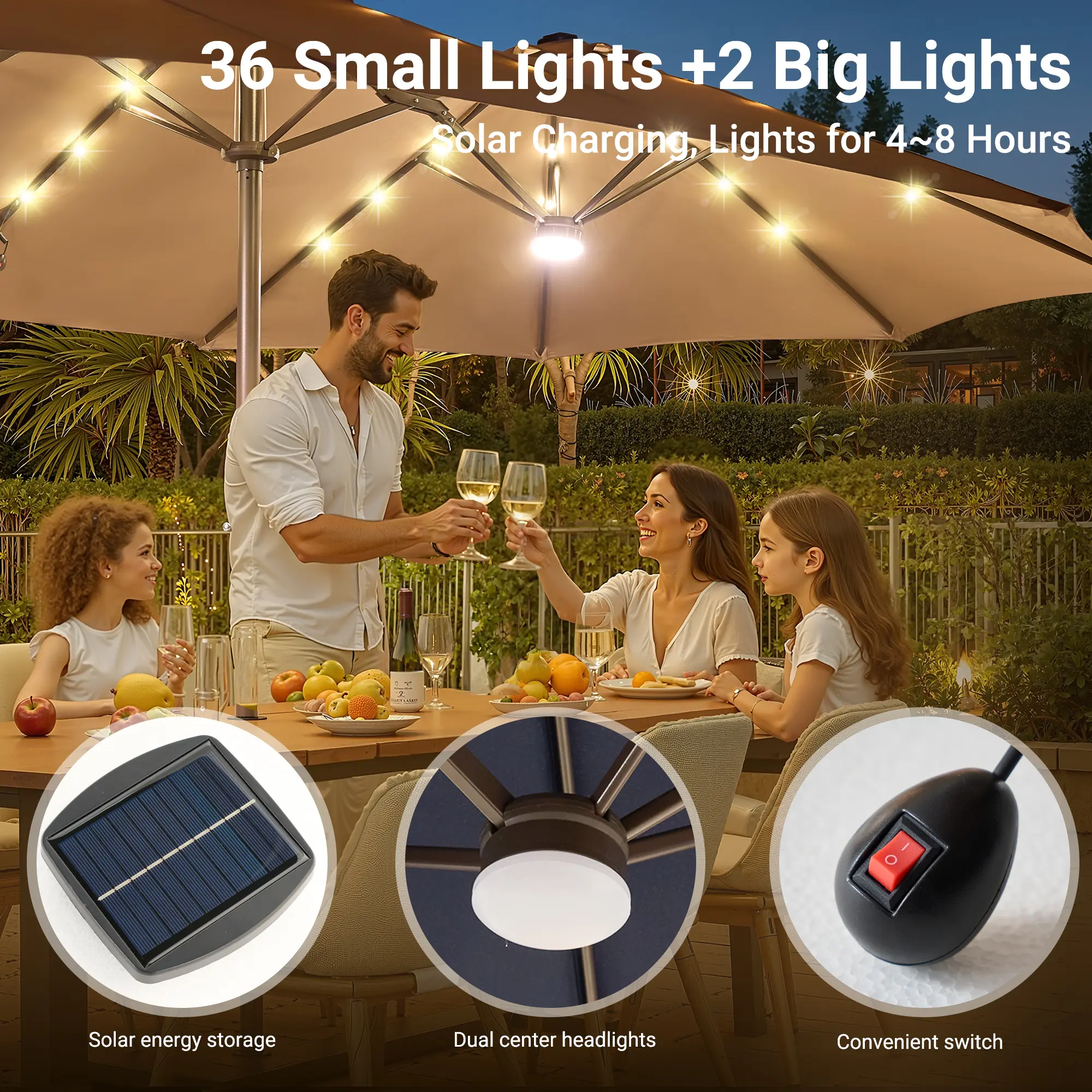 big patio umbrella with lights 15ft Solar Double-Sided Extra Large Twin Led and Base Experience the finest in outdoor and patio shading with this 10 ft 15.5 FT Extra-Large Patio Umbrella