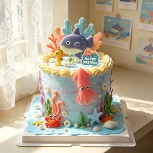 Ocean Animal Soft Gel Cake Decoration Set, Underwater World Baby Birthday Cake Toppers, Cartoon Shark Crab Seahorse Cake Picks